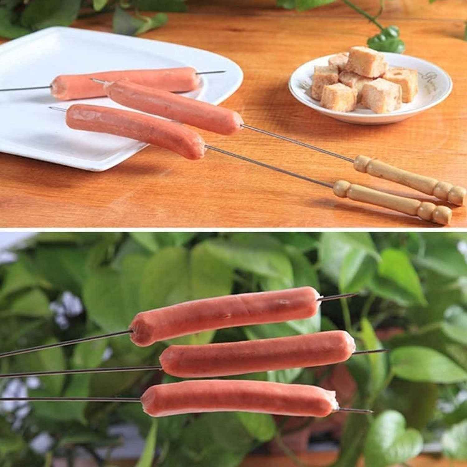Barbecue skewers with wooden handles loaded with vegetables grilling on a hot barbecue.