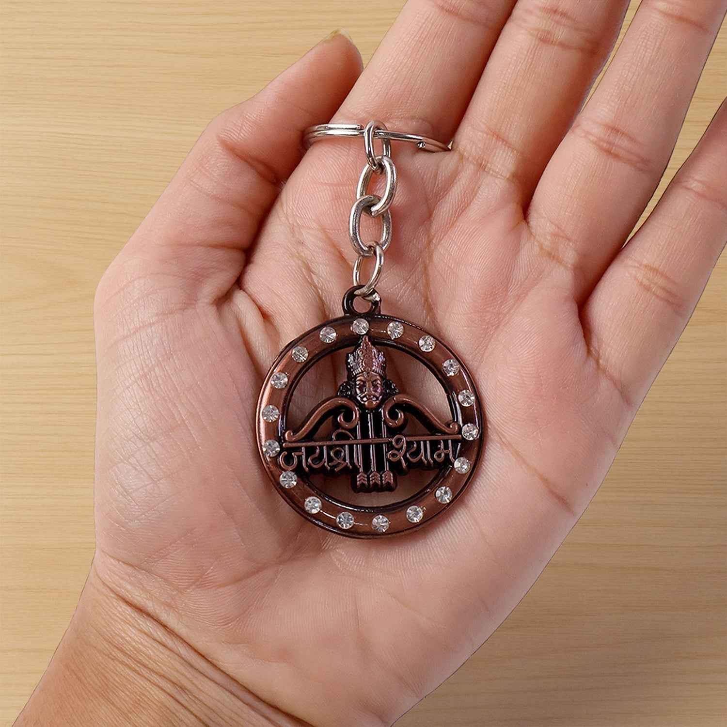 Jai Shree Shyam Keychain – Durable Metal with Crystal Accent