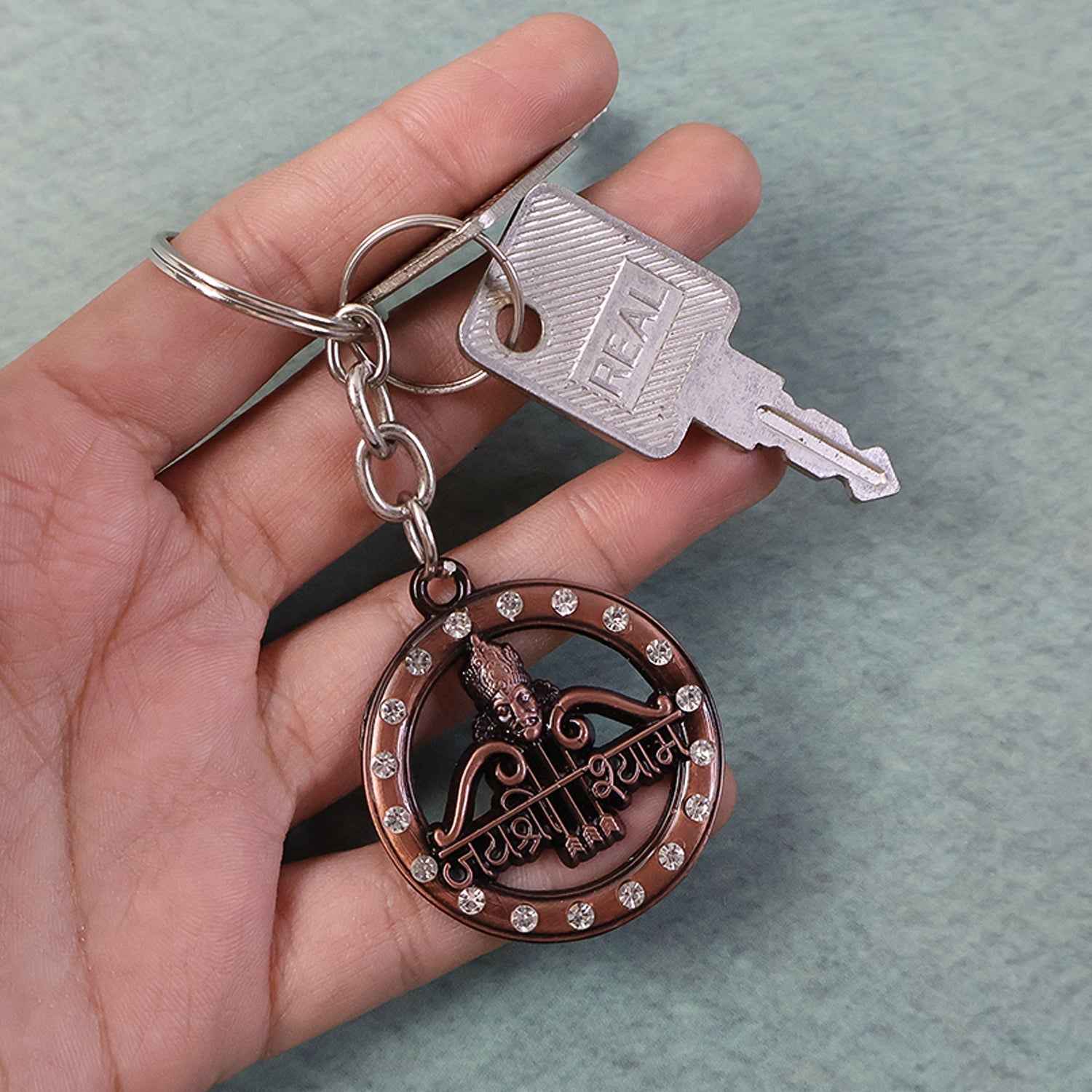 Jai Shree Shyam Keychain – Durable Metal with Crystal Accent
