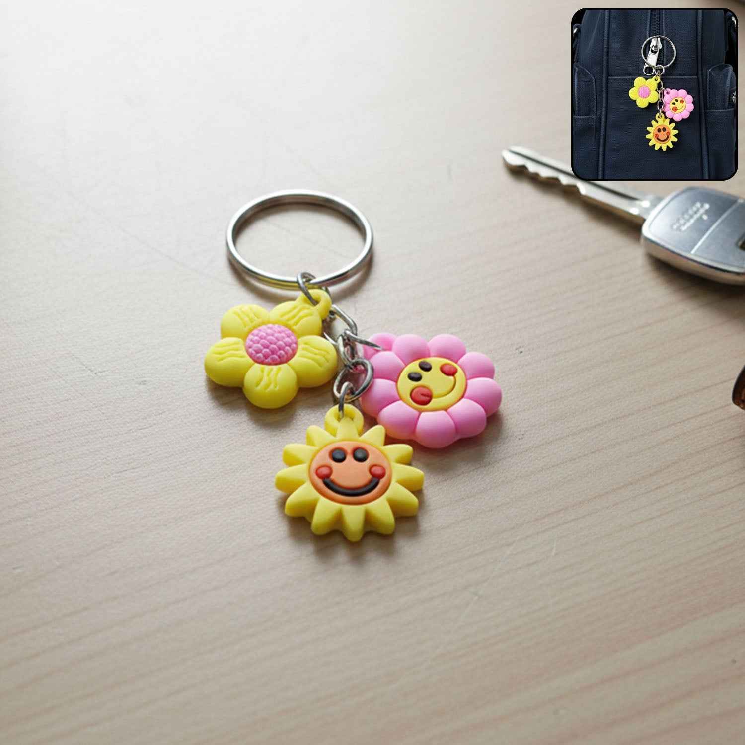 Flower Cartoon Keychain – Colorful Triple Charm for Keys & Bags