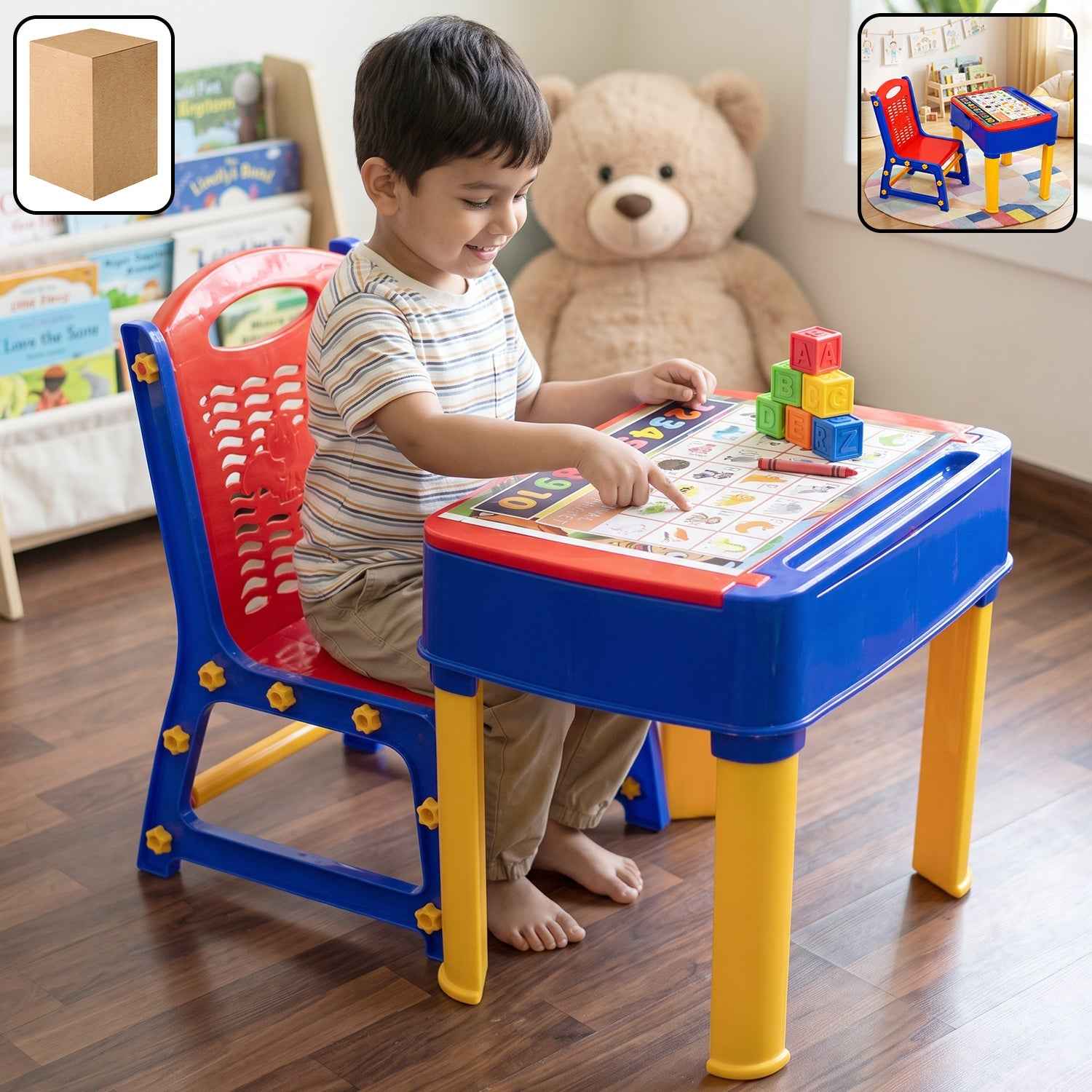 2 in 1 Plastic Kids Study Table and Chair Set with Learning Board (2 Pc Set)