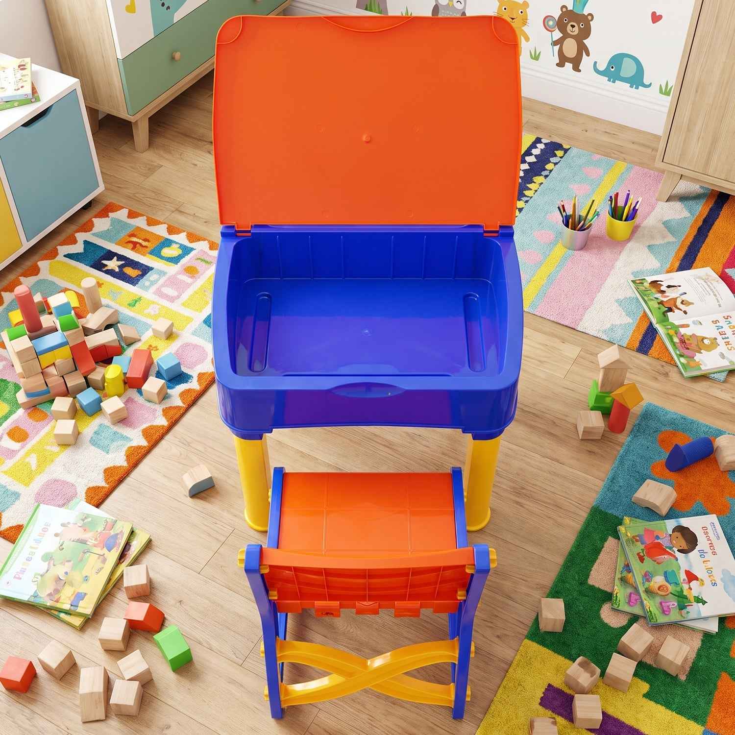 2 in 1 Plastic Kids Study Table and Chair Set with Learning Board (2 Pc Set)