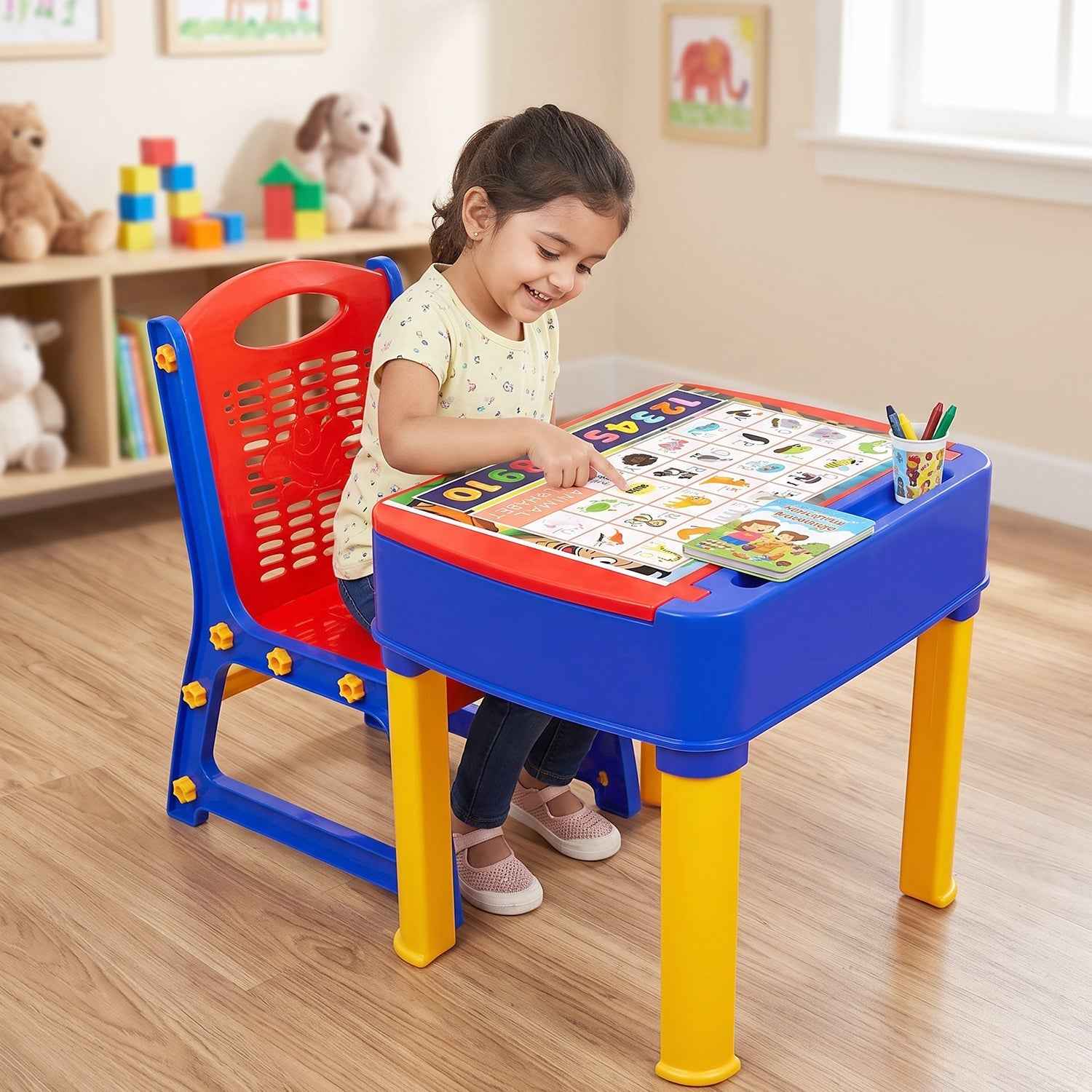 2 in 1 Plastic Kids Study Table and Chair Set with Learning Board (2 Pc Set)