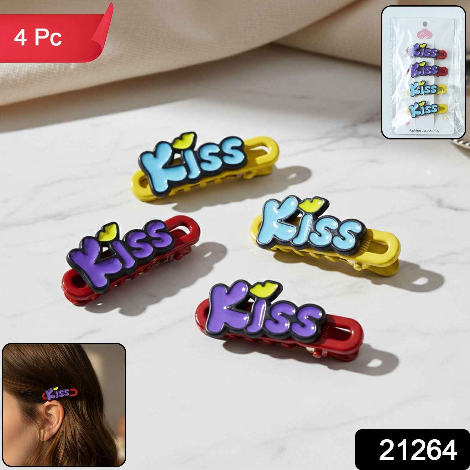Kiss Text Hair Clip Set – Trendy 4-Piece Decorative Hair Accessories