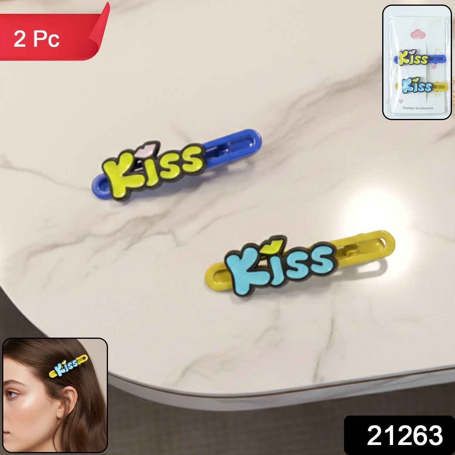 Kiss Text Hair Clip Set – Cute & Playful 2-Piece Snap Clips