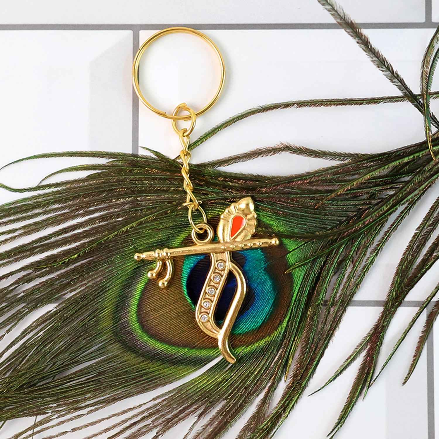 Krishna Metal Keychain – Durable Flute & Peacock Feather Design