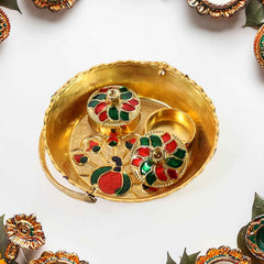 Peacock Meenakari Pooja Tray – Elegant Gold-Tone with Kumkum Bowls