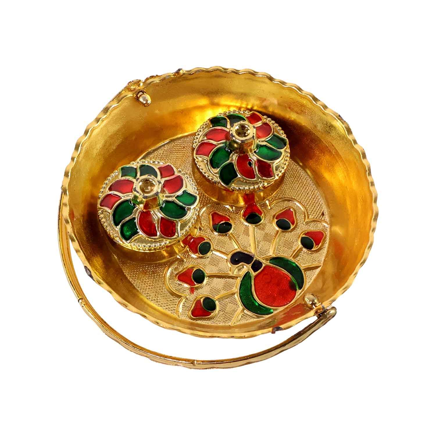 Peacock Meenakari Pooja Tray – Elegant Gold-Tone with Kumkum Bowls