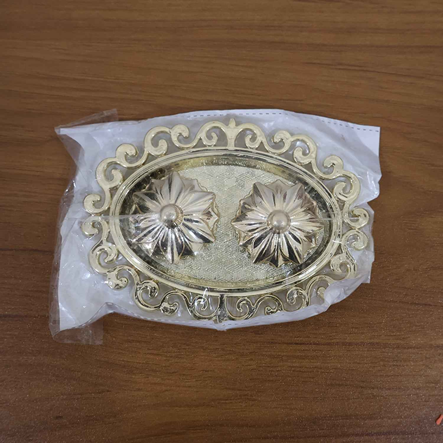 Double Kumkum Dish – Ornate Golden Plastic Pooja Tray