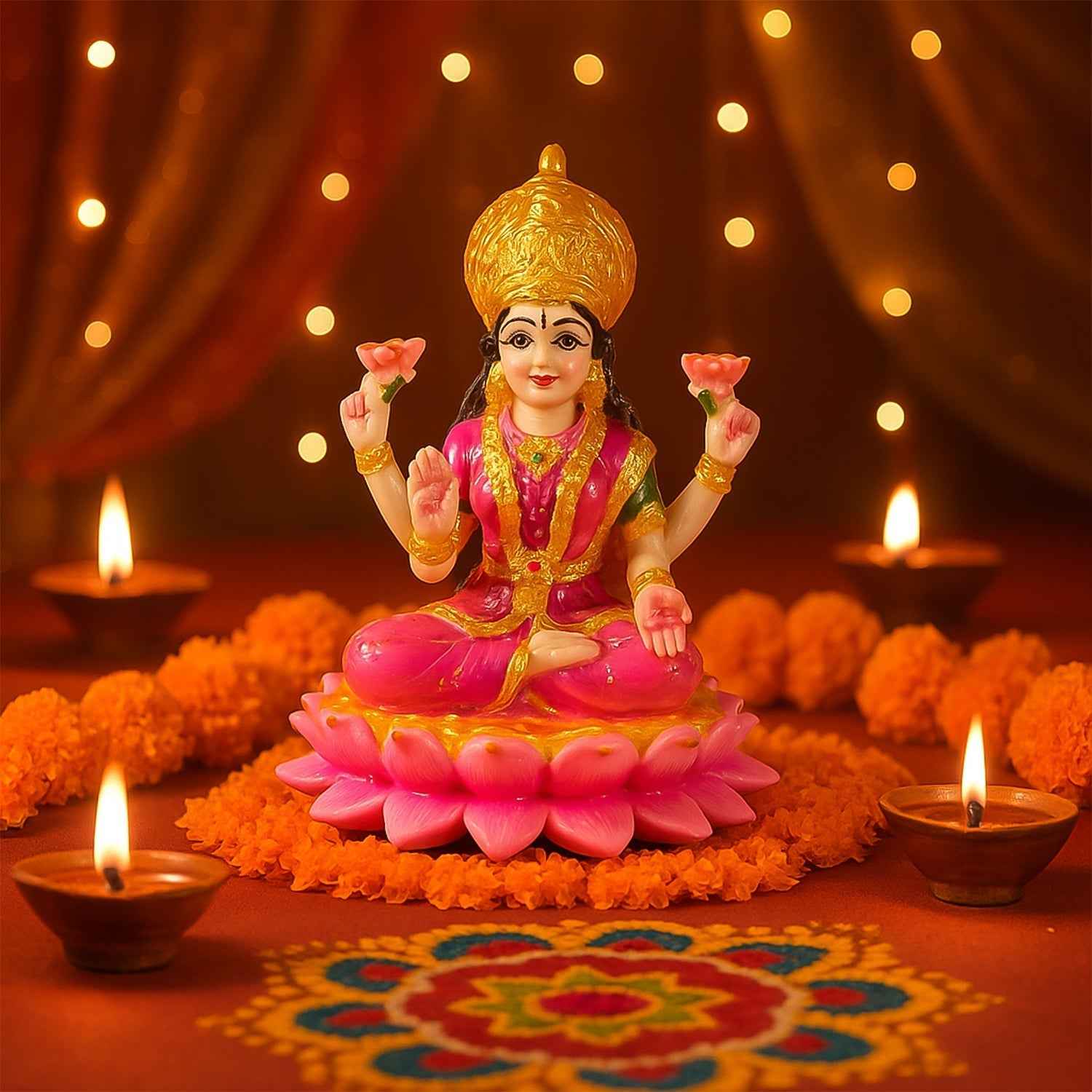 Lakshmi Mata Idol Sitting on Lotus – Decorative Polyresin Statue