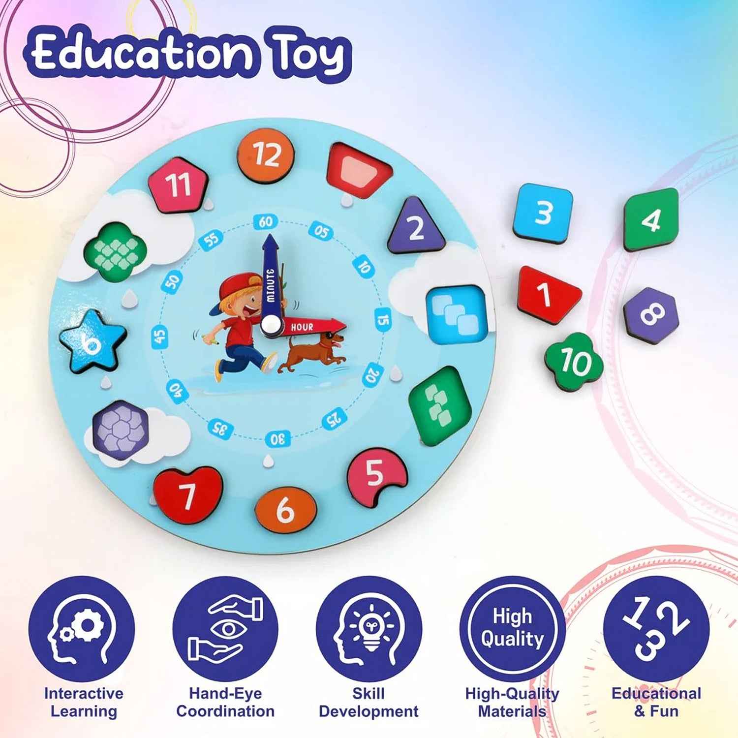 Wooden Educational Learning Clock Toy – Movable Hands & Shape Blocks