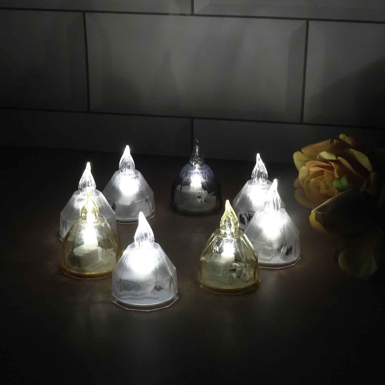 LED Flameless Decorative Diyas – Set of 8 Crystal-Style Lights