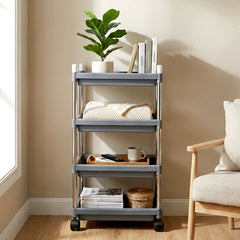 Movable 4-layer storage cart featuring a sturdy stainless steel frame for home organization.
