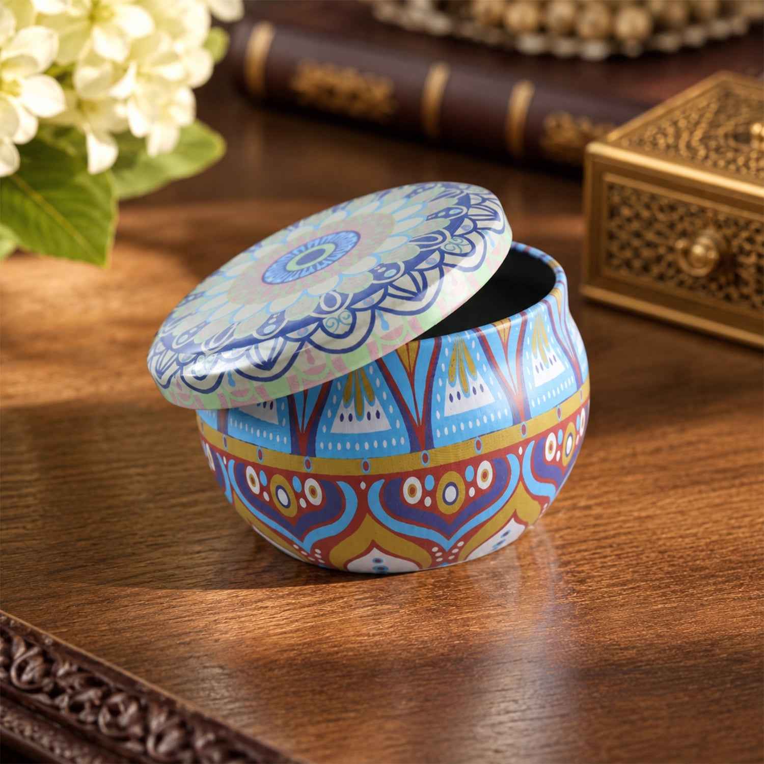 Metal Mandala Tin Box, Decorative Round Container for Candle and Trinkets (1 Pc)