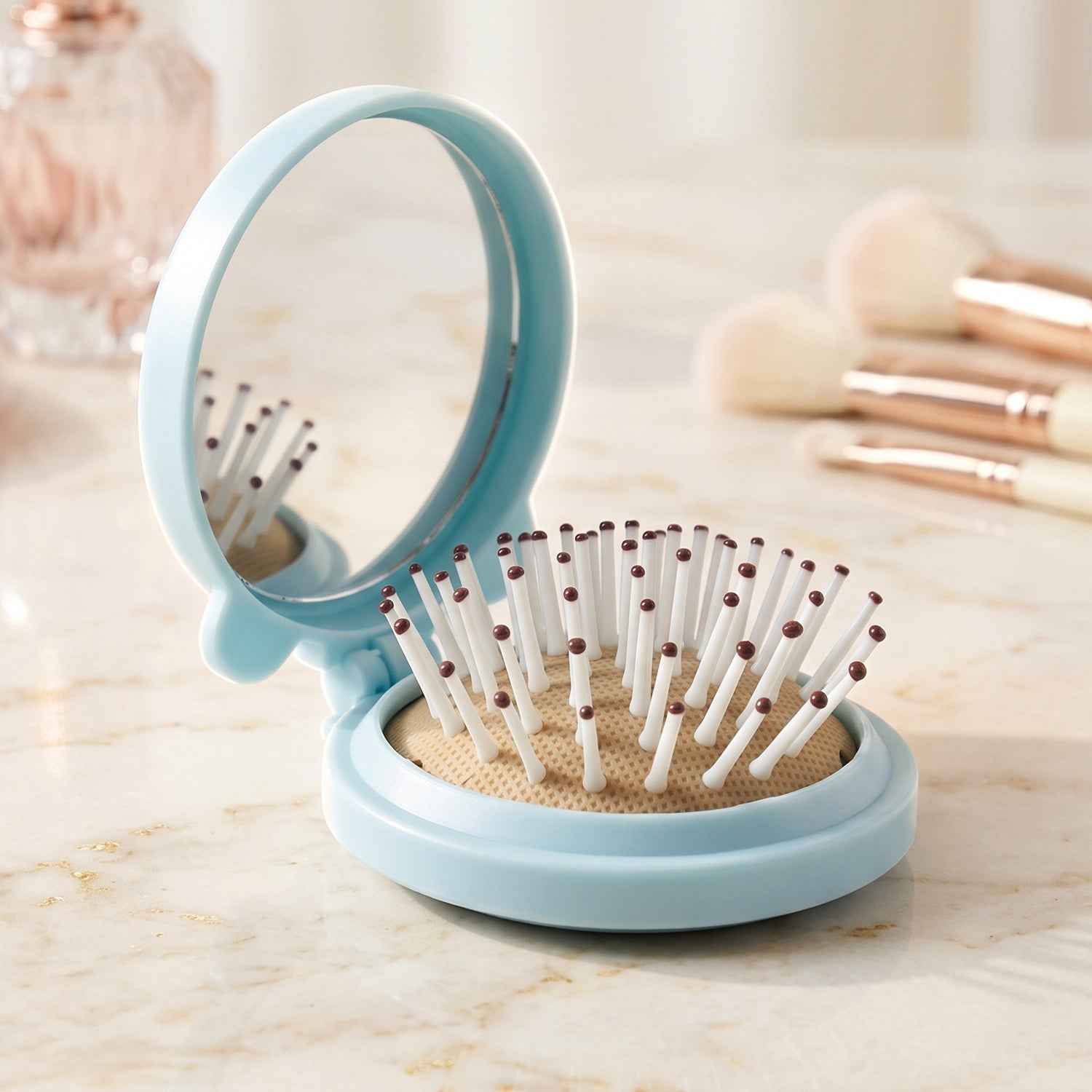 2 in 1 Folding Hair Brush with Mirror Compact Pop Up for Travel (1 Pc)