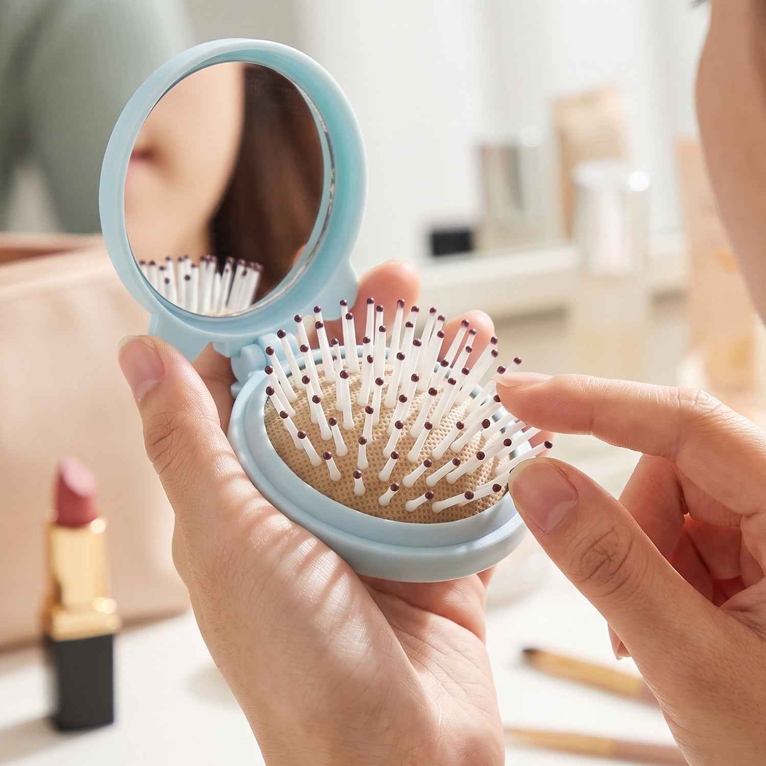 2 in 1 Folding Hair Brush with Mirror Compact Pop Up for Travel (1 Pc)