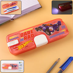 Kids LED Light Pencil Box with vibrant cartoon print and secure flap closure.