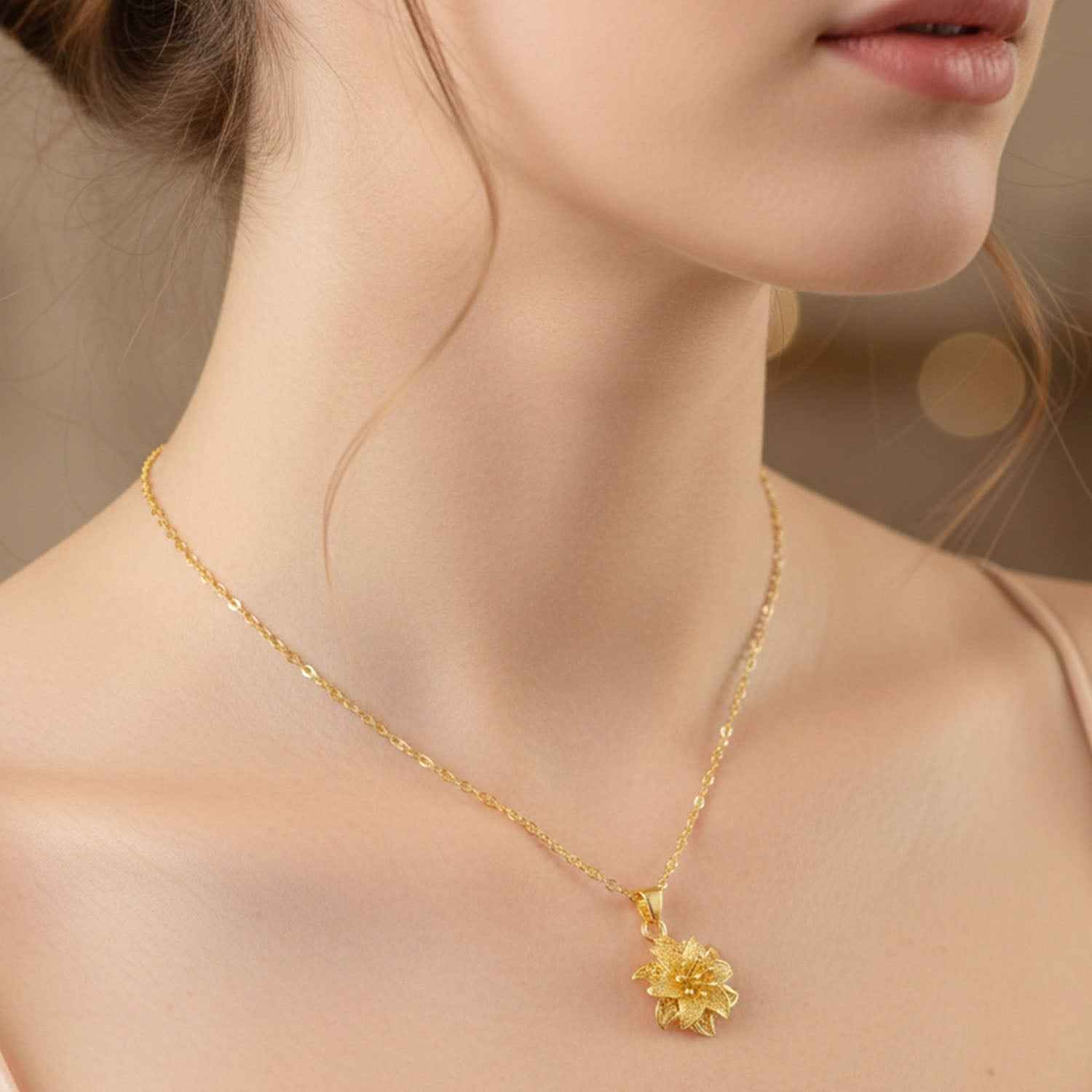 Gold Finish Floral Pendant Necklace – Elegant Traditional Design