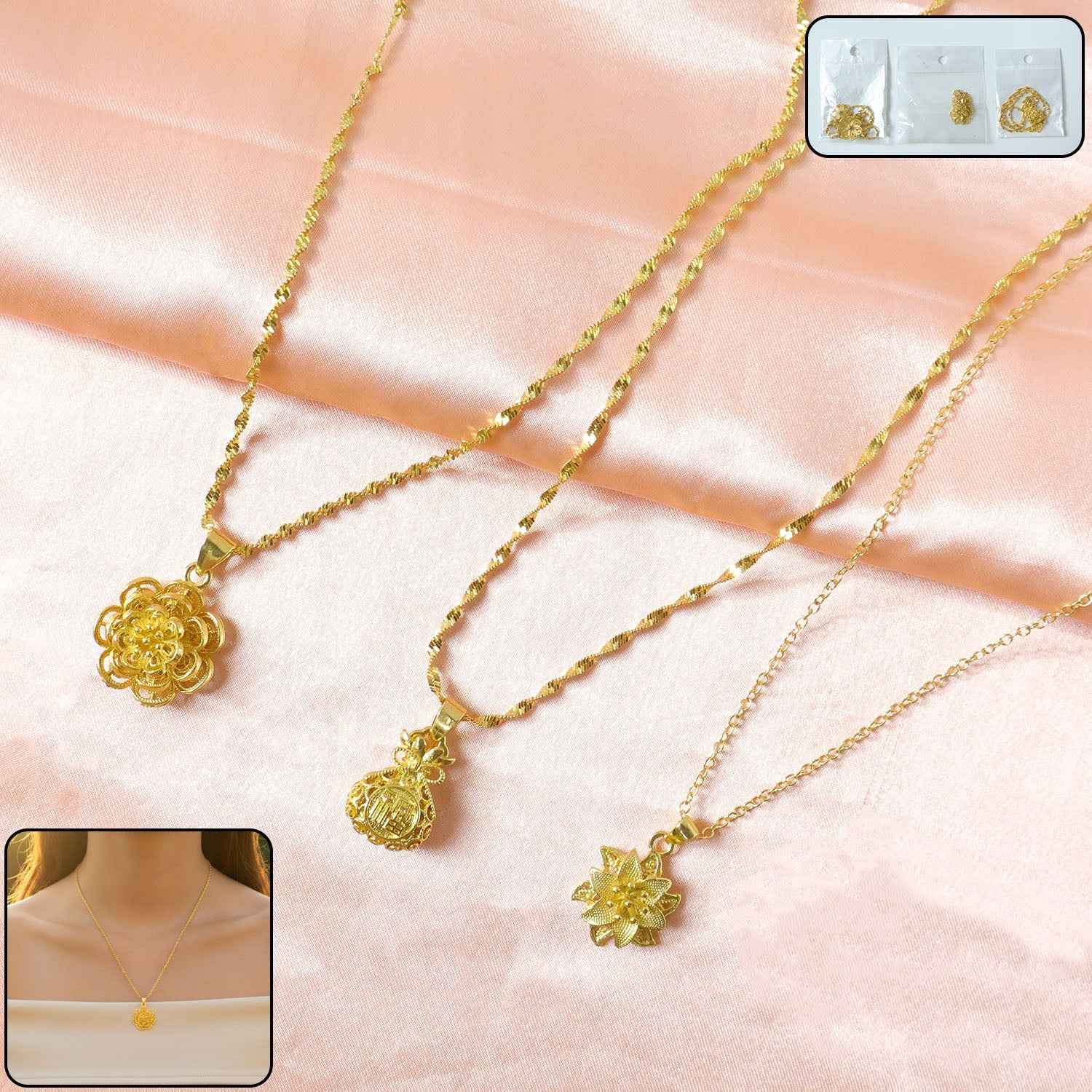 Gold Finish Floral Pendant Necklace – Elegant Traditional Design