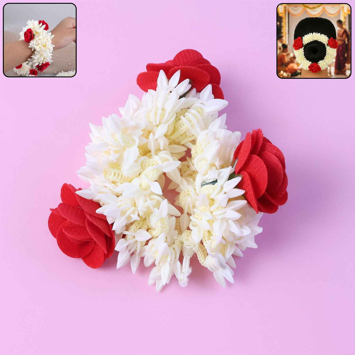 Artificial Flower Gajra – Traditional Red Rose & Jasmine Hair Accessory
