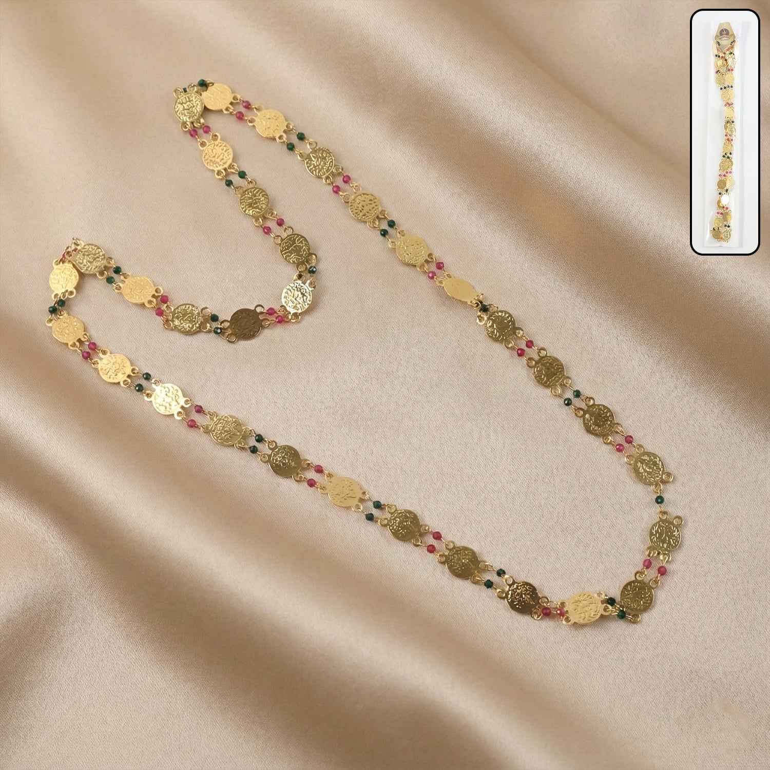 Gold Tone Coin Beaded Necklace – Traditional Ethnic Long Chain