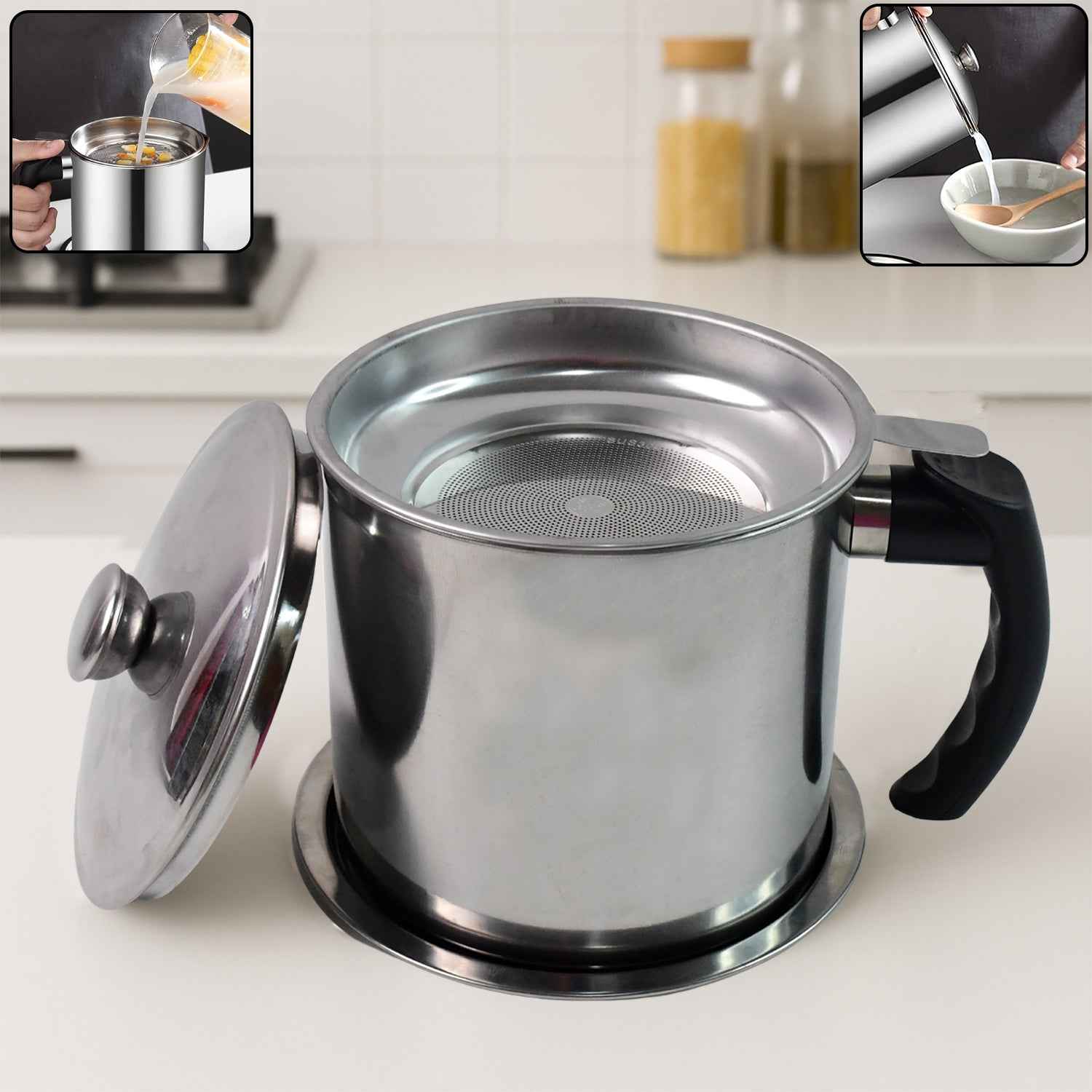 Oil Strainer Pot – Stainless Steel with Lid & Fine Mesh Filter