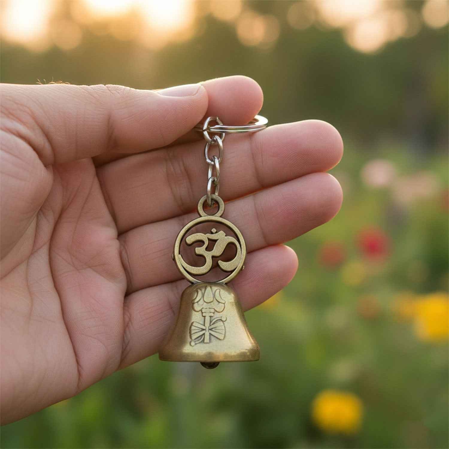 Om Symbol Keychain – Antique Brass Temple Bell Design