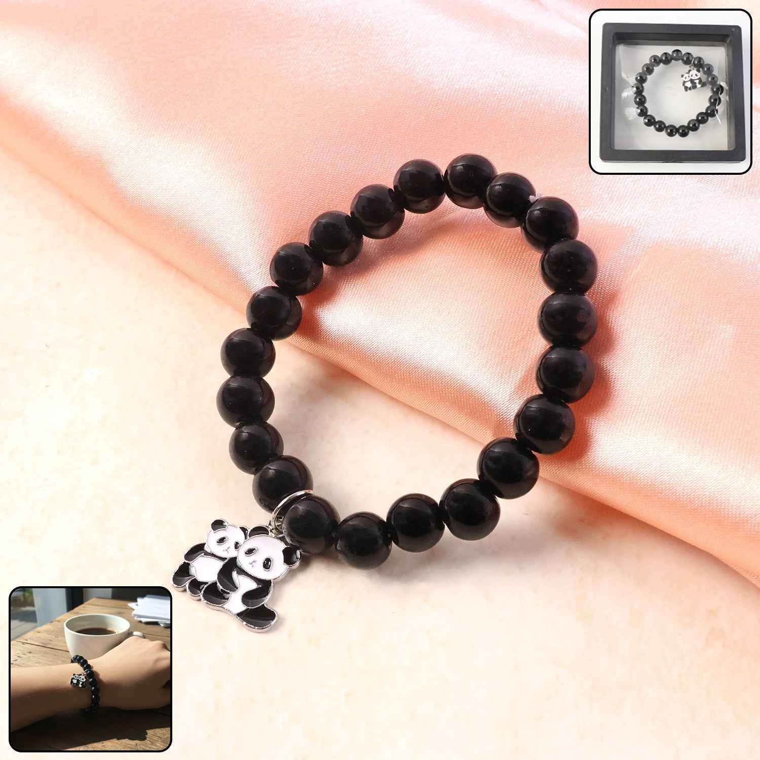 Black Beaded Stretch Bracelet – Cute Panda Charm Accessory