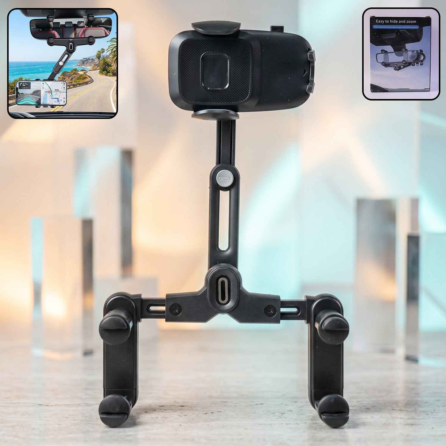 Car Rear View Mirror Phone Holder – 360° Adjustable & Retractable