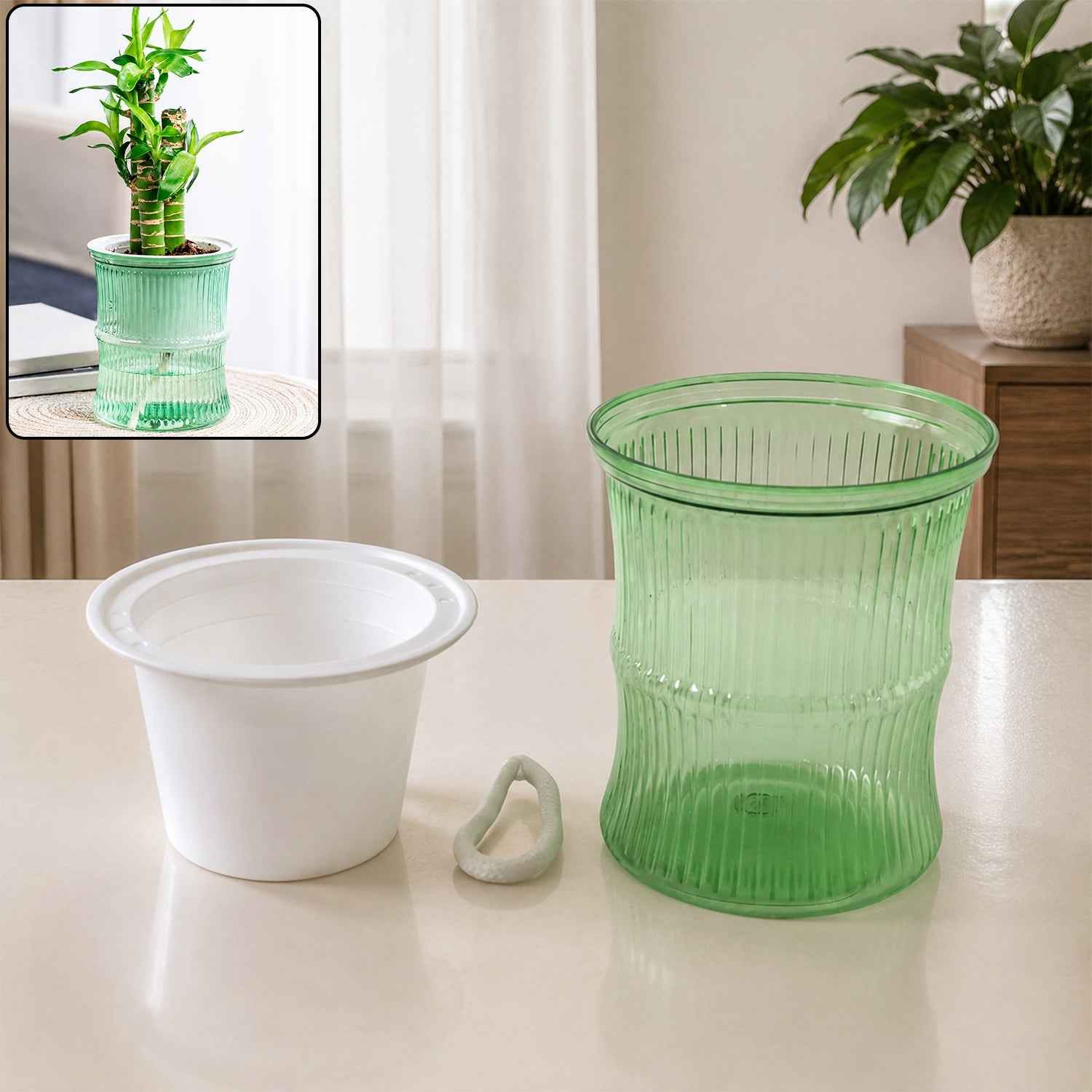 Self-Watering Bamboo Style Plastic Flower Pot Ð Easy Indoor Plant Care