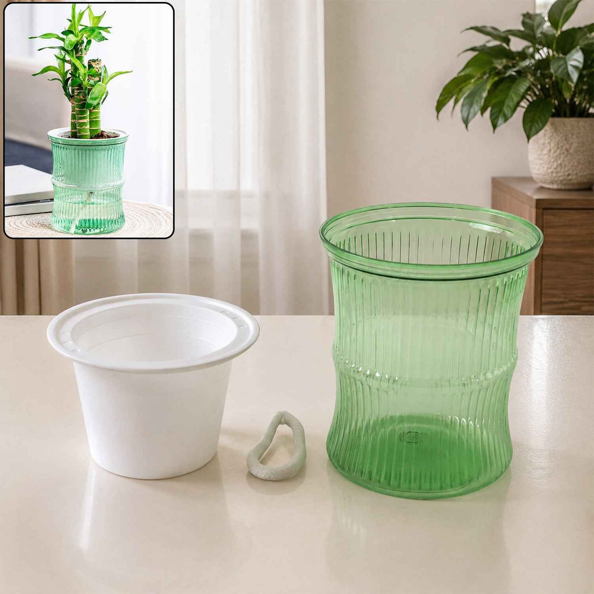 Self-Watering Bamboo Style Plastic Flower Pot Ð Easy Indoor Plant Care