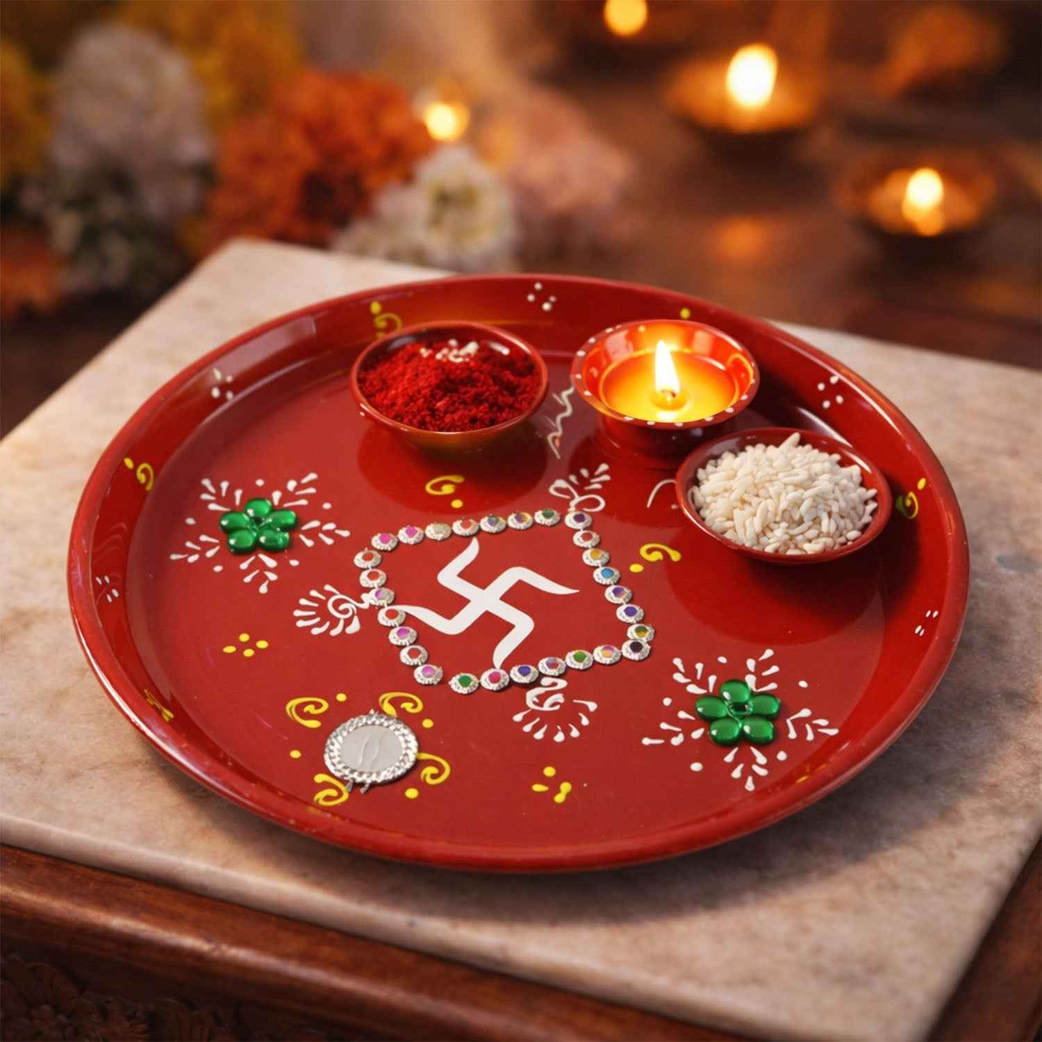 Pooja Thali with Ganesha Motif – Hand-Painted Festive Set
