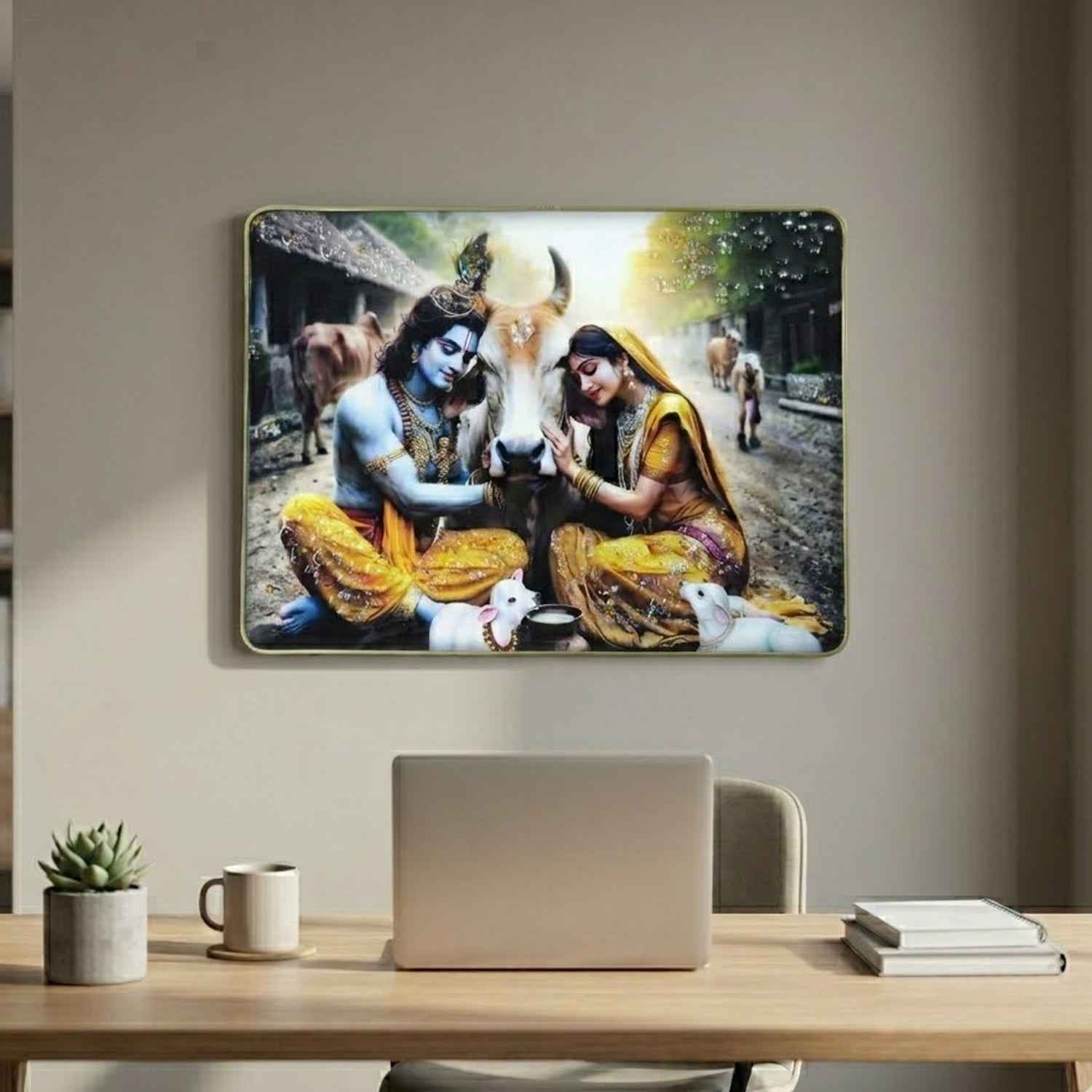 Radha Krishna Village Scene Wall Frame – Peaceful & Elegant Decor