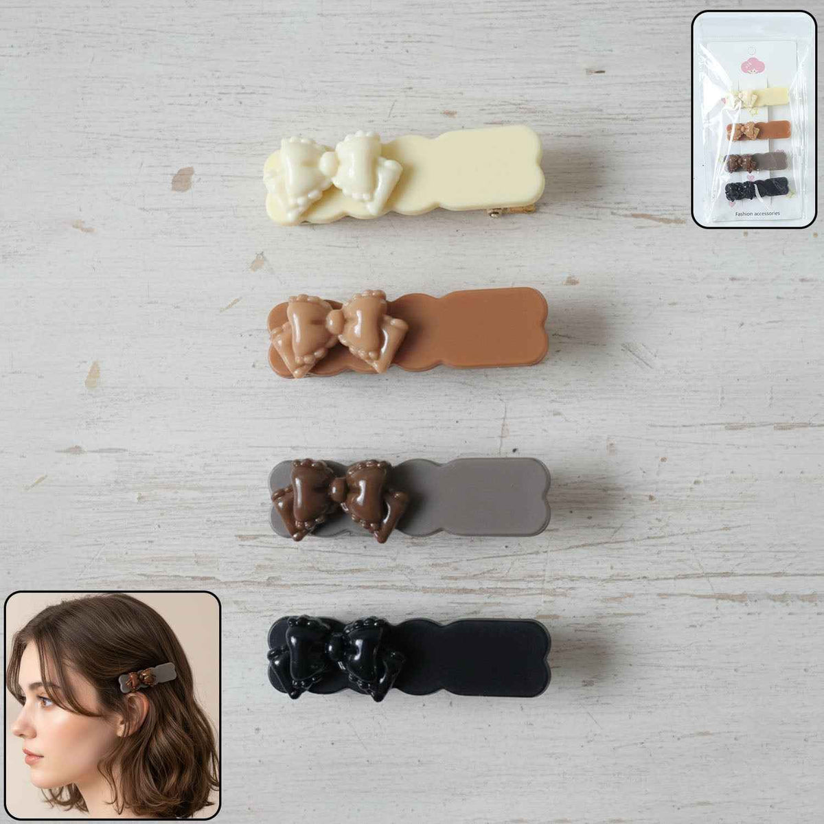 Elegant Bow Hair Clips Set – Stylish 4-Piece Snap Clips Combo