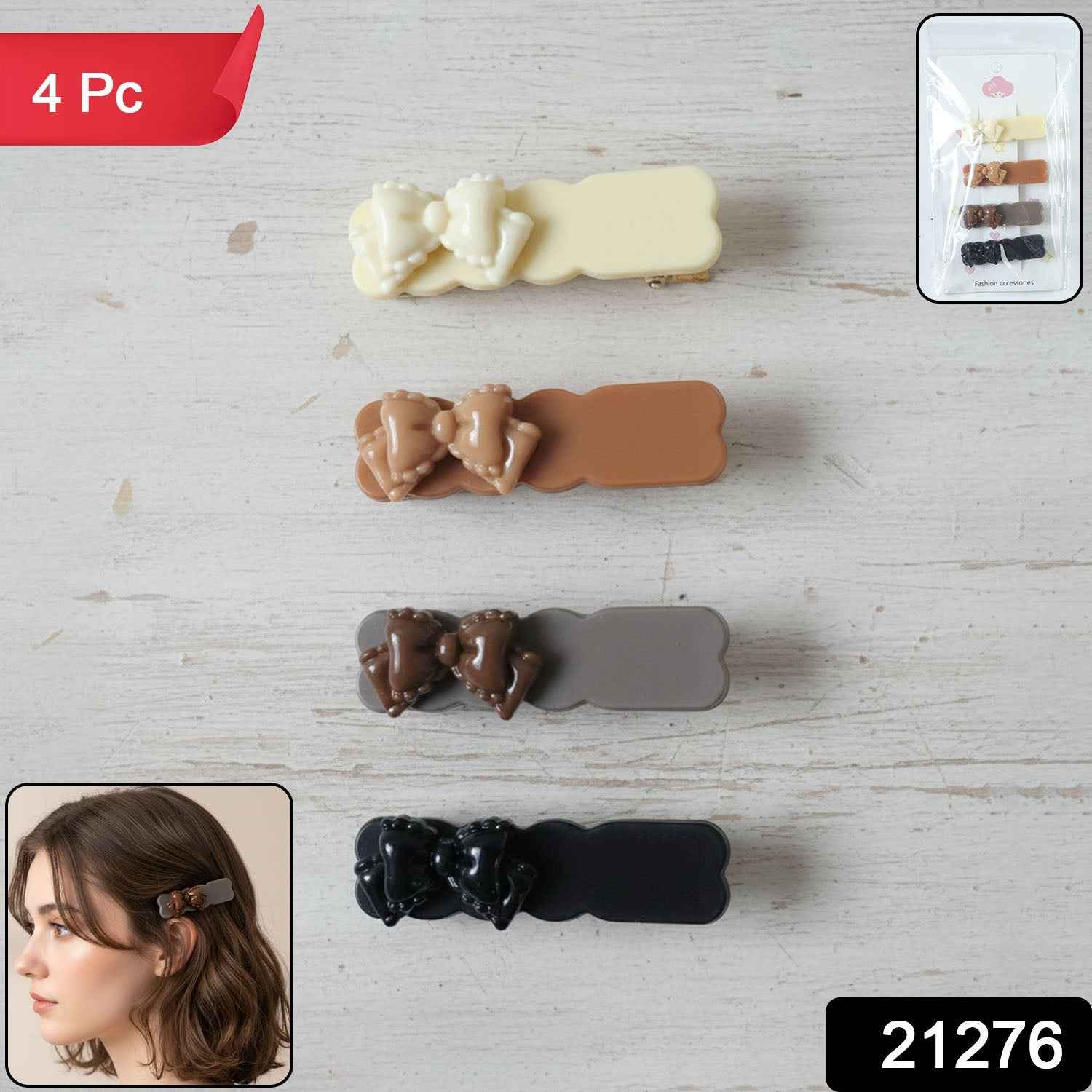 Elegant Bow Hair Clips Set – Stylish 4-Piece Snap Clips Combo