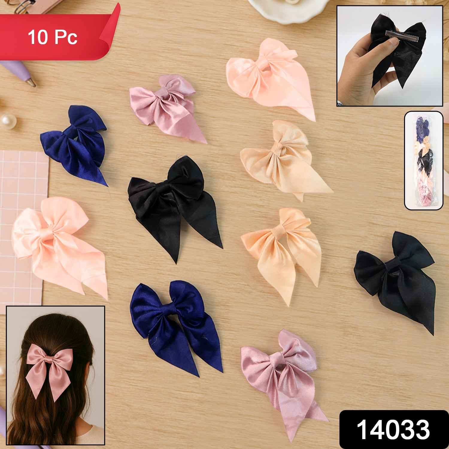 Satin Bow Hair Clip Set – Elegant Double Tail, 10 Pc Assorted Shades