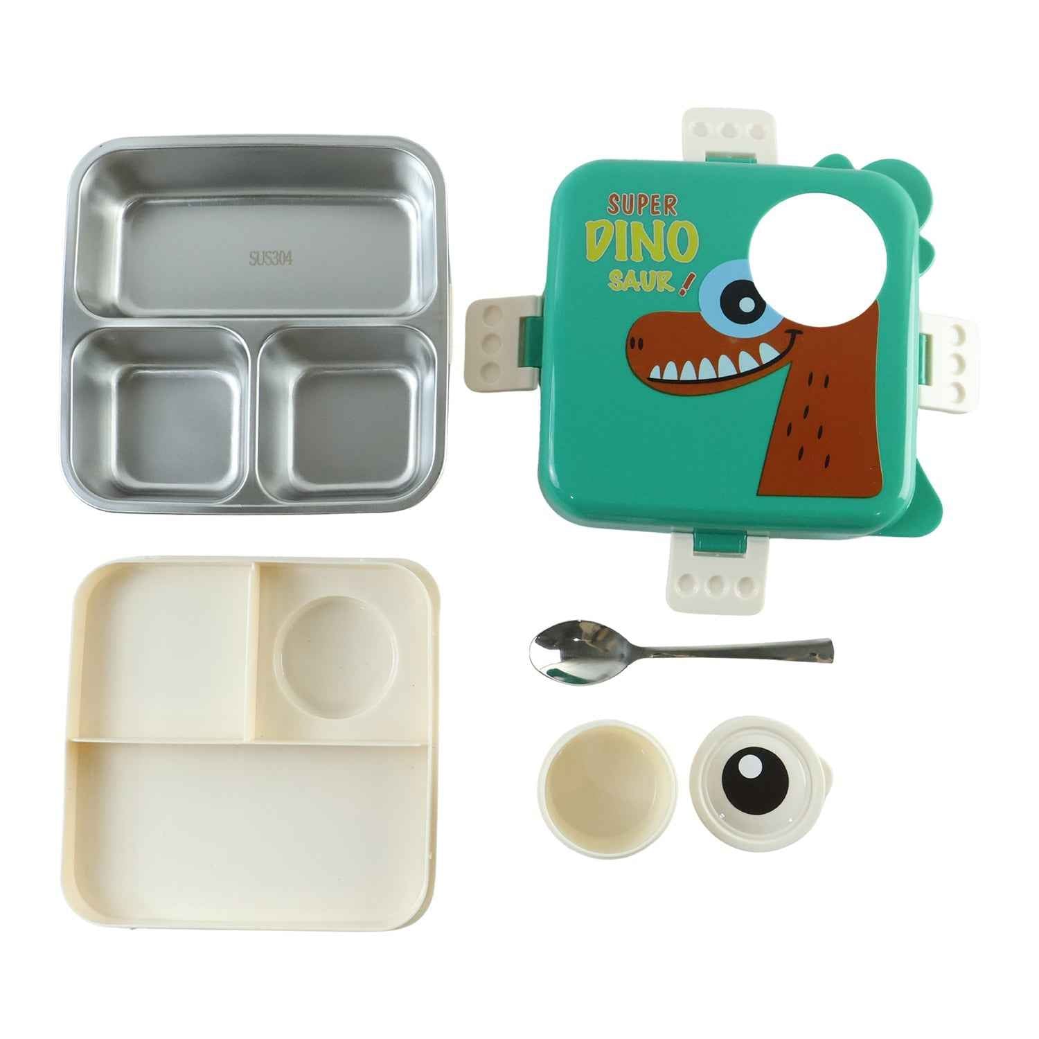 steel Kids Dinosaur Lunch Box Bento Tiffin with Steel Tray Spoon Sauce Cup (1 Set)