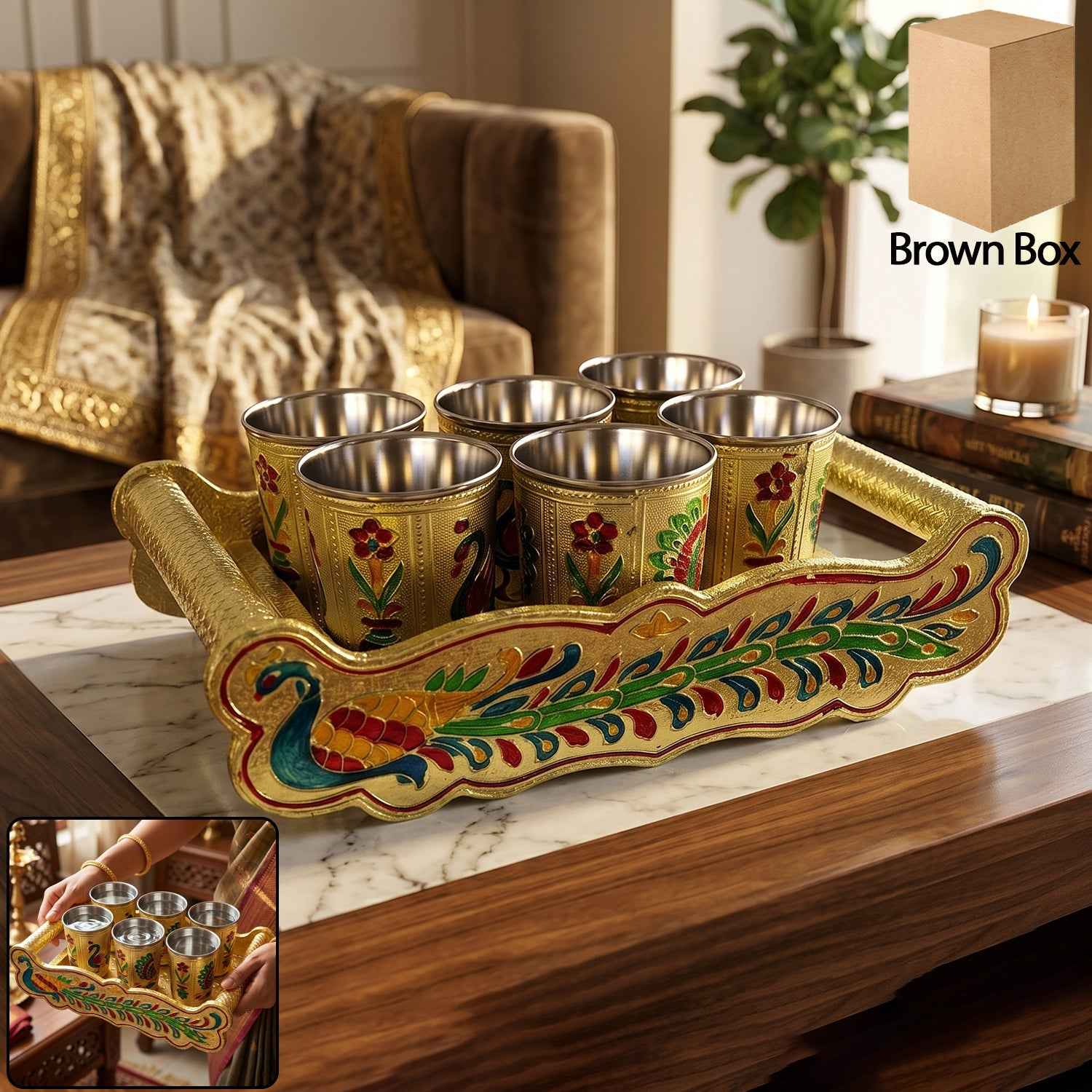 Minakari Serving Tray Set – Peacock Design Glasses | Indo Glow