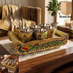 Minakari Serving Tray Set – Peacock Design Glasses | Indo Glow