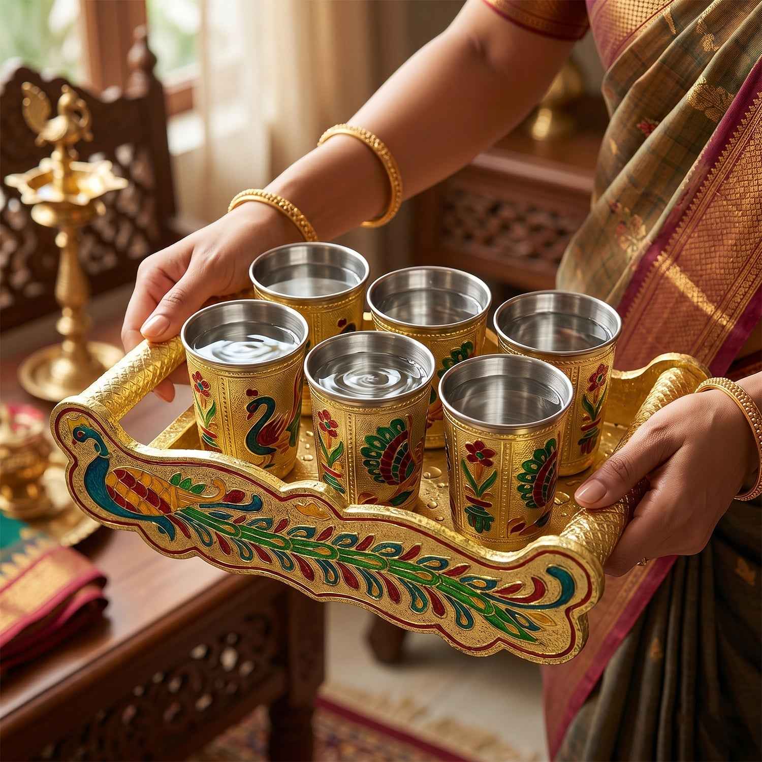 Minakari Serving Tray Set – Peacock Design Glasses | Indo Glow