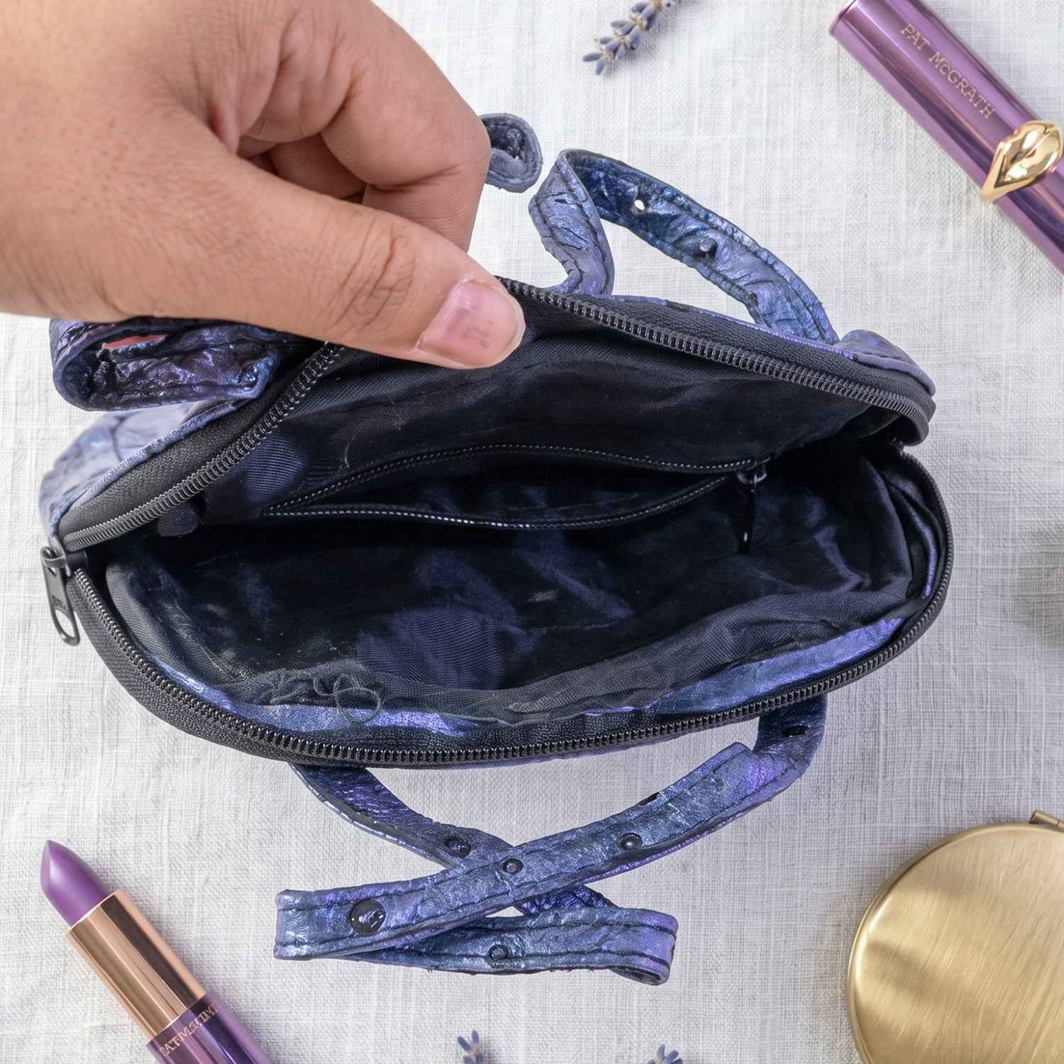 Mini Zipper Handbag – Metallic Blue Ostrich Pattern for Women