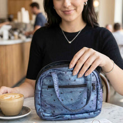 Mini Zipper Handbag – Metallic Blue Ostrich Pattern for Women