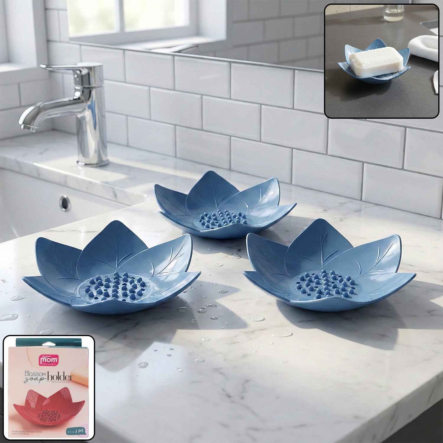 Lotus Blossom Soap Holder Set – 3-Piece Fast Drain Soap Dish