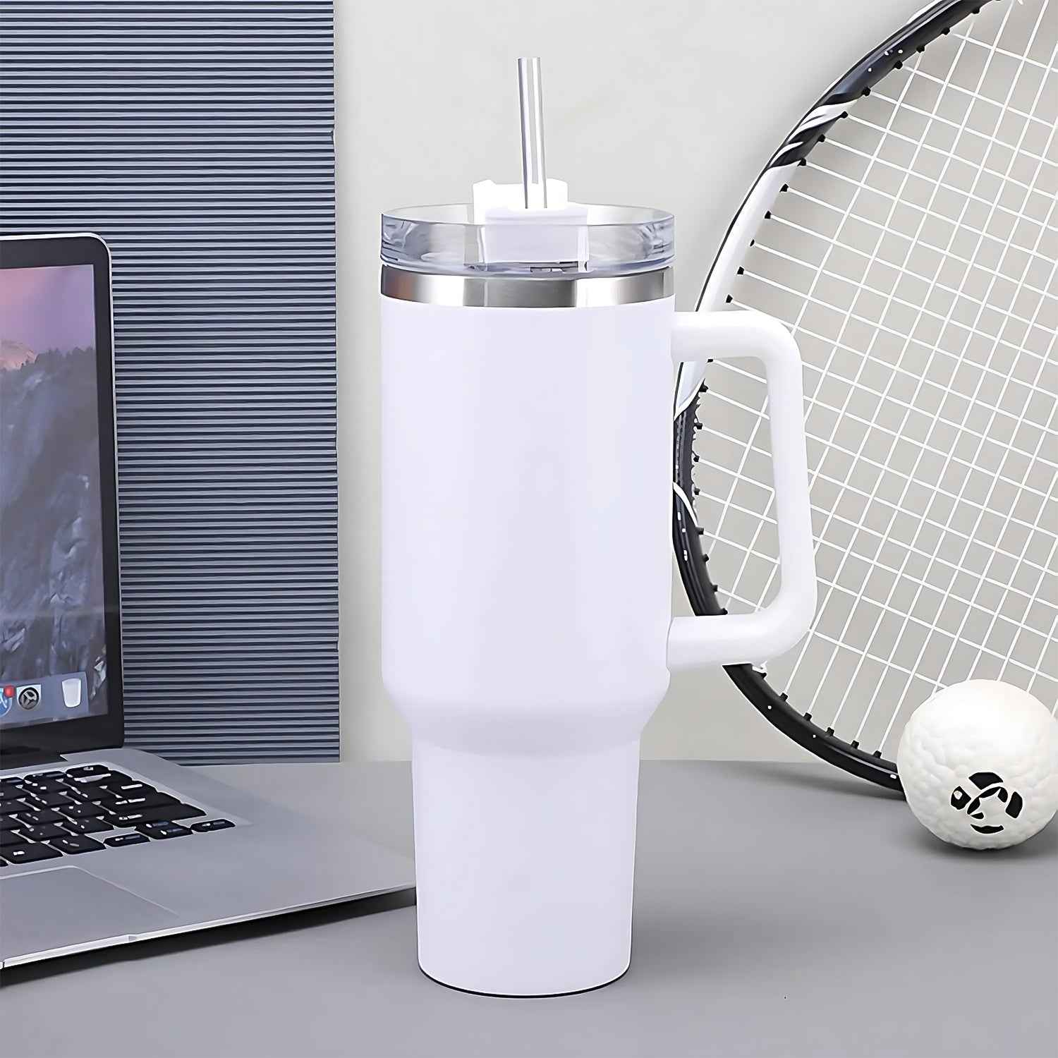 Insulated Stainless Steel Travel Tumbler – 890 ML White with Handle