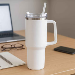Insulated Stainless Steel Travel Tumbler – 890 ML White with Handle