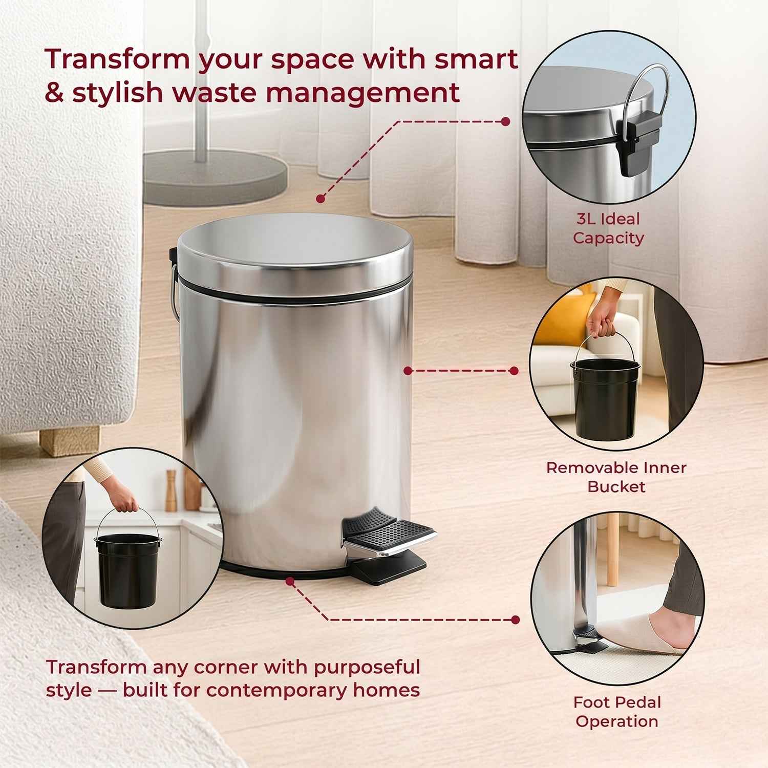 Stainless Steel Pedal Dustbin Ð Compact & Hygienic Waste Disposal