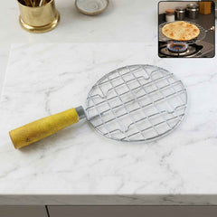 Papad Jali Roaster made of stainless steel with a wooden handle on a clean background.