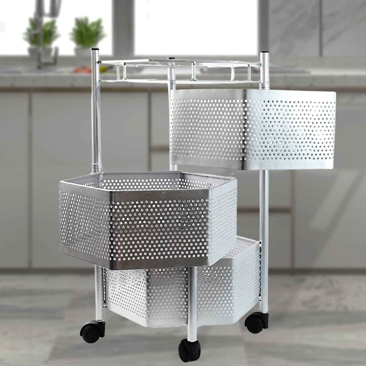 Kitchen Storage Trolley – Premium 3-Layer Hexagon Metal Organizer with Wheels