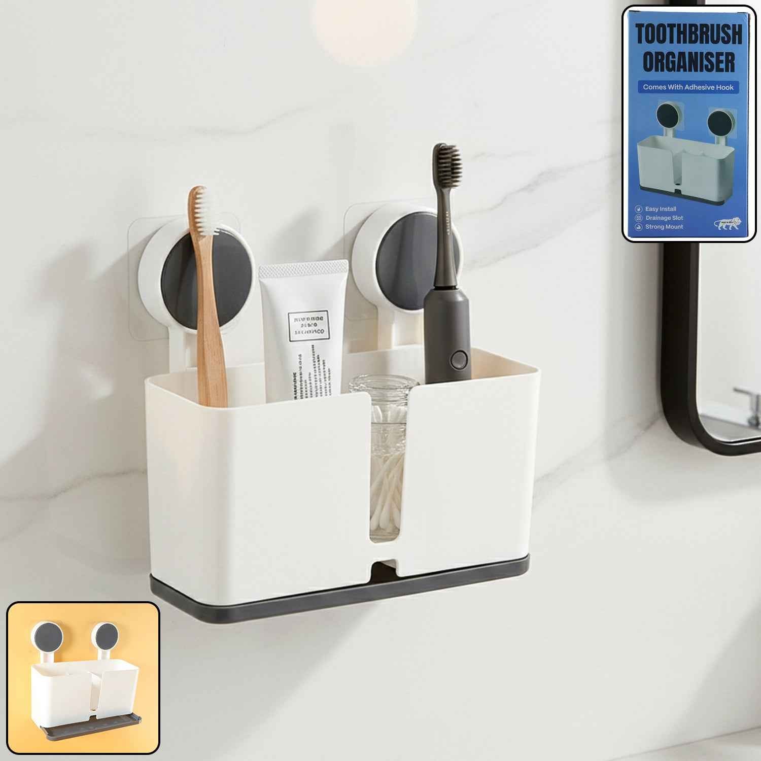 Wall Mounted Toothbrush Holder – 3 Compartments with Adhesive Install