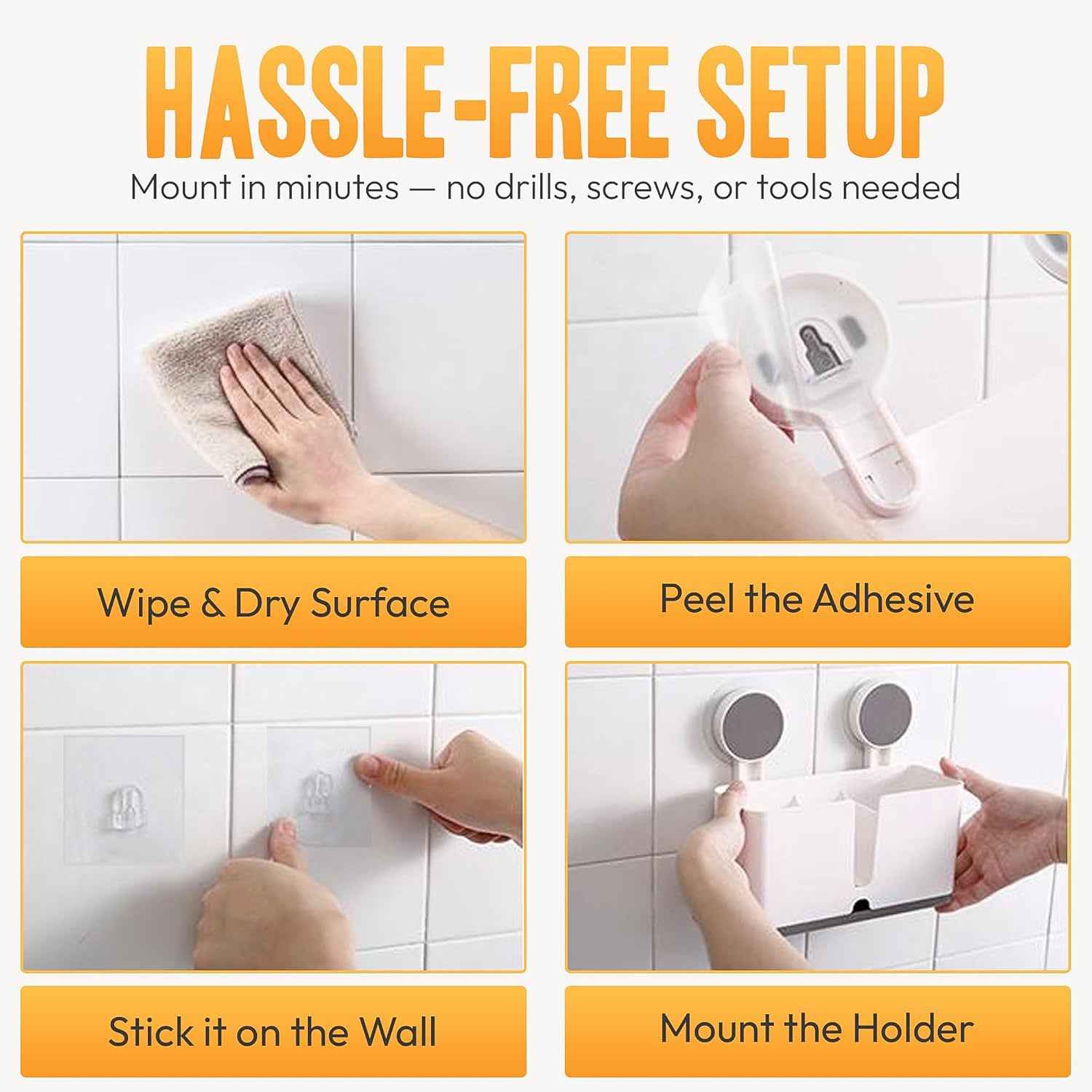 Wall Mounted Toothbrush Holder – 3 Compartments with Adhesive Install